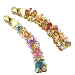 2 Floral With Rhinestone Banana Clip For Thick Hair